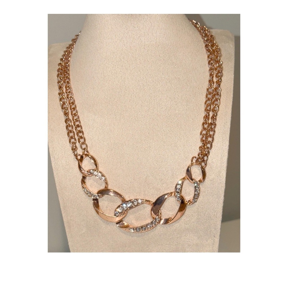 Rose Gold‎ Tone Double Strand Necklace Clear Rhinestone Chunky Link 18-21"